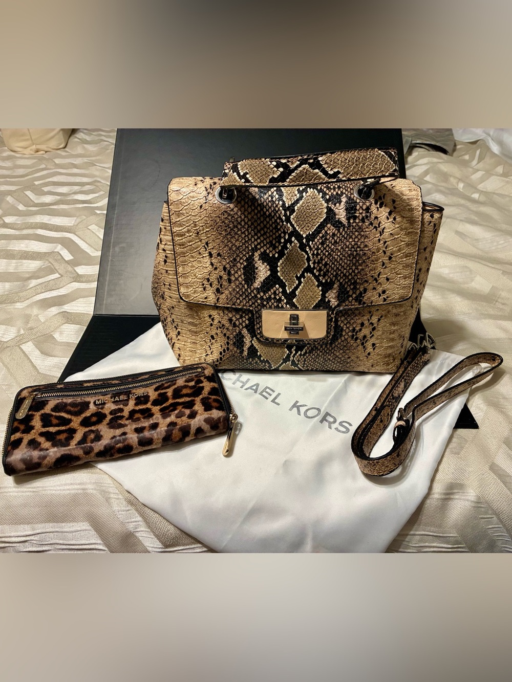 Michael Kors Snake-Print Shoulder Bag in Beige and Black with Leopard Pouch